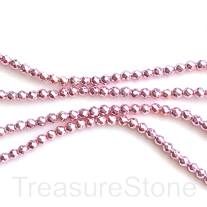 Bead, hematite, pink, 3mm faceted round. 16-inch