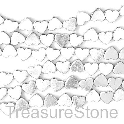 Bead, hematite, cross drilled flat heart, 6mm, bright silver, 68