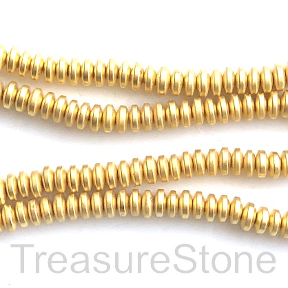 Bead, hematite, bright gold matte, 3x6mm disc/rondelle. 15.5".