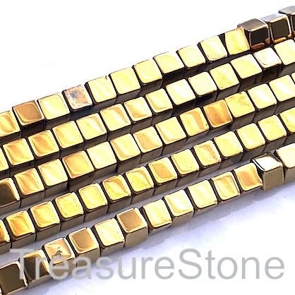 Bead, hematite (manmade), 4mm gold cube. 16-inch, 95pcs