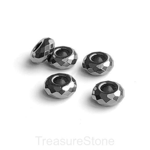 Bead, hematite, 6x14mm faceted rondelle, large hole:5.5mm. ea