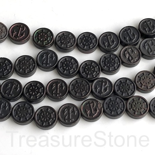 Bead, hematite, nautica symbols, 10mm, black. 15", 40