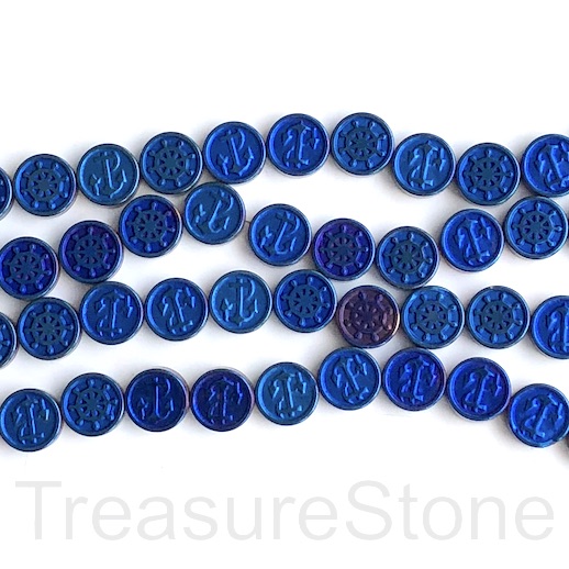 Bead, hematite, nautica symbols, 10mm, blue. 15", 40