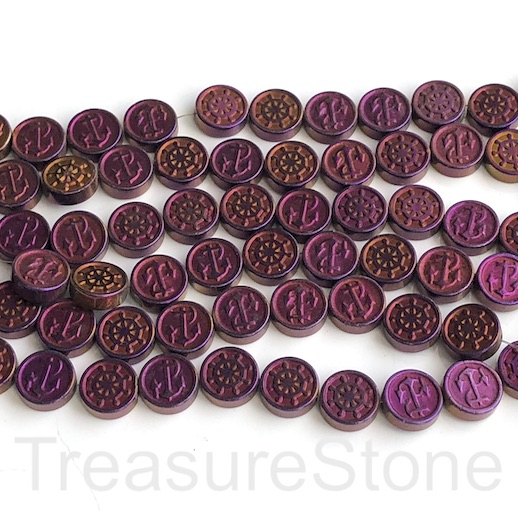 Bead, hematite, nautica symbols, 10mm, purple. 15", 40