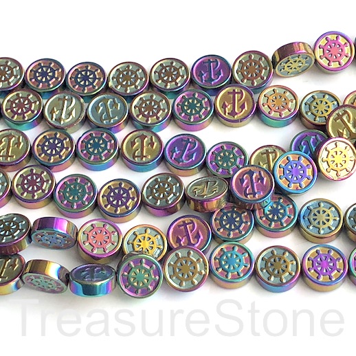 Bead, hematite, nautica symbols, 10mm, rainbow. 15", 40