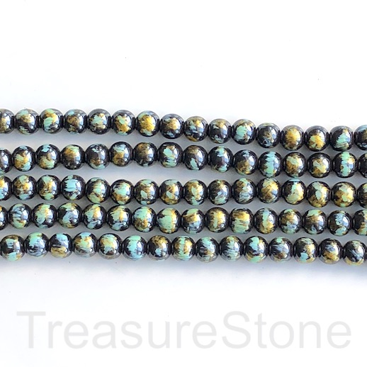 Bead, hematite,painted,8mm round, mint black gold. 16",50 - Click Image to Close