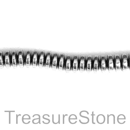 Bead, hematite, 3x8mm rondelle, rhodium silver. 16-inch.
