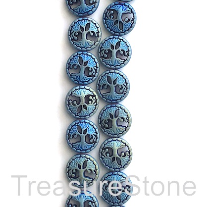 Bead, hematite, tree of life, 13mm, blue matte. 15", 30pcs