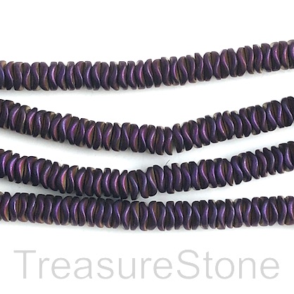 Bead, hematite, purple matte, 6mm wavy disc. 15-inch