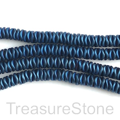 Bead, hematite, royal blue matte, 6mm wavy disc. 15-inch