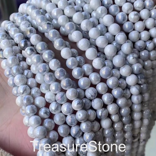 Bead, white howlite, AB plated, 8mm round. 15.5-inch, 48pcs