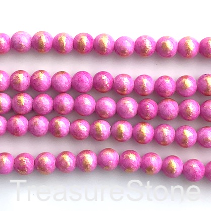 Bead, jade (dyed), bright pink, gold foil, 8mm round, 16", 49pcs