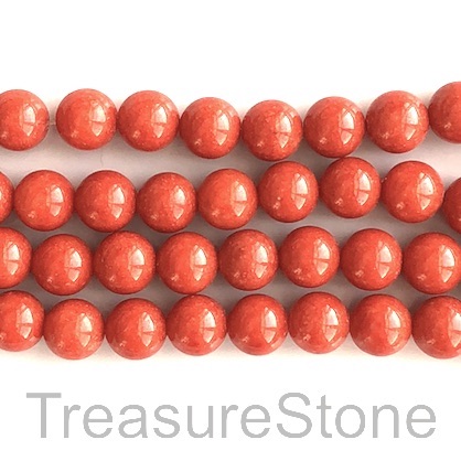 Bead, jade, dyed, warm red /orange, 8mm round, 16-inch, 48pcs