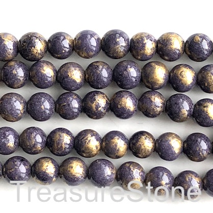 Bead, jade, greyish purple, gold foil, 8mm round, 16-inch, 52