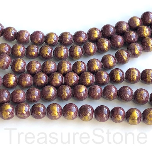Bead, jade, dyed, plum purple, gold foil, 8mm round, 16",48 - Click Image to Close