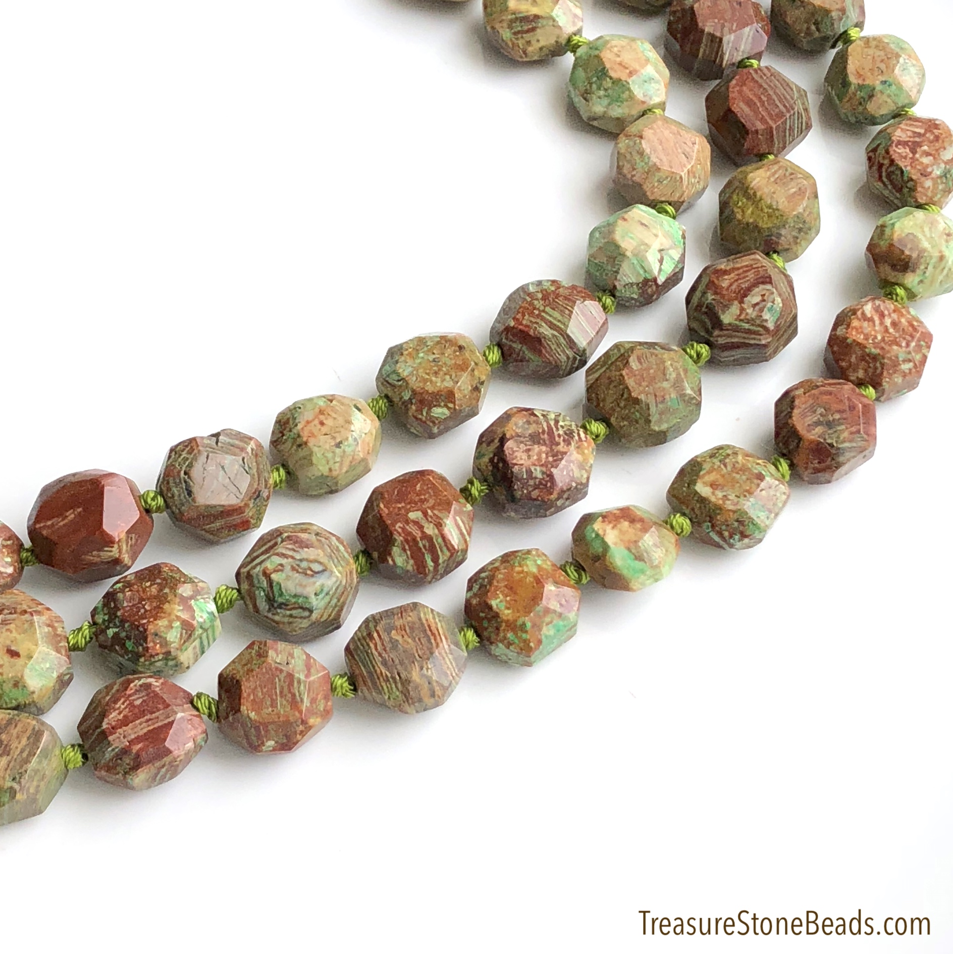Bead, Brown green jasper, dyed, 15mm faceted nugget. 15', 22pcs