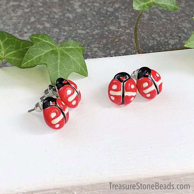 Earring studs, pewter, red ladybug, enamel, 11x13mm. One pair