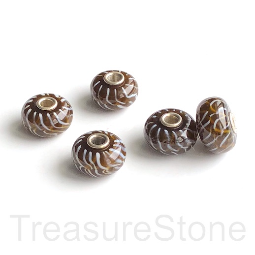 Bead,lampwork,10x16mm rondelle, brown,silver large hole:3mm.ea