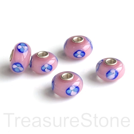 Bead,lampwork,10x16mm rondelle, pink,silver large hole:3mm.ea