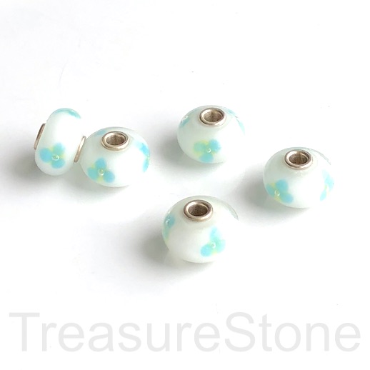 Bead,lampwork,10x16mm rondelle,white,silver large hole:3mm.ea