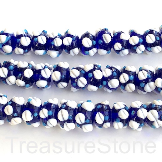 Bead, lampworked glass, blue, white,10x14mm bumpy rondelle. 4.
