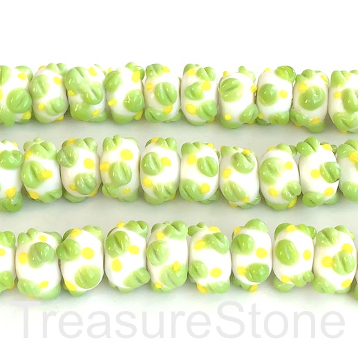 Bead,lampworked glass, white, green,9x15mm bumpy rondelle.4