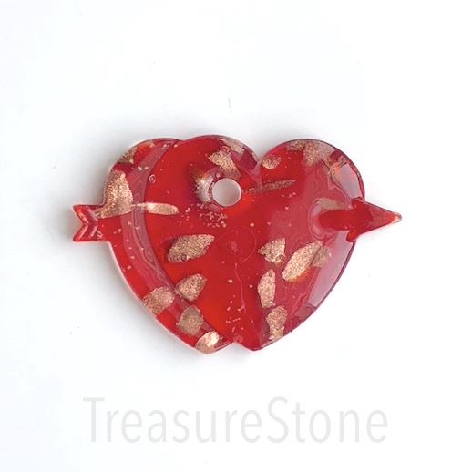 Pendant, lampwork glass, 47x70mm red double hearts, rose gold.ea