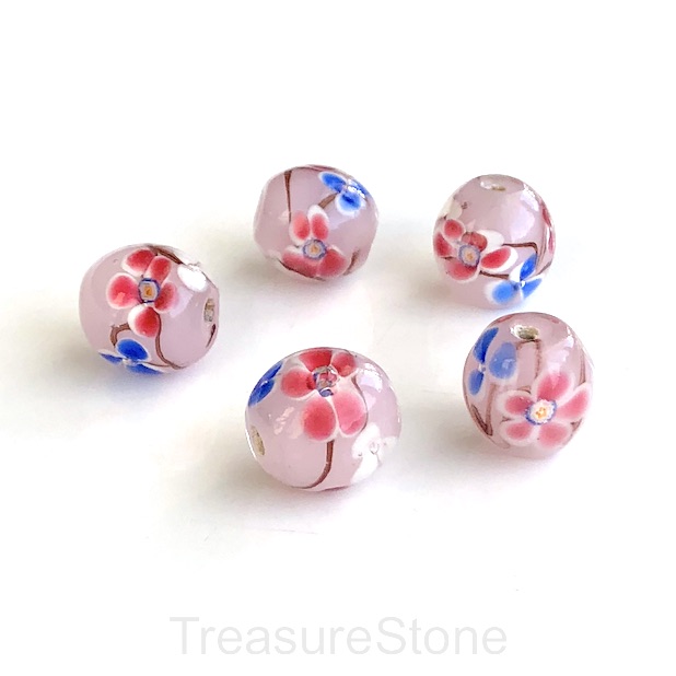 Bead, lampworked glass, pink, blue, flower,14 mm oval,drum. 4pcs