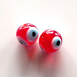 Bead, lampworked glass, red, 10mm round with evil eye. Pkg of 10