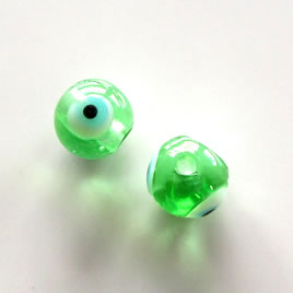 Bead, lampworked glass, green, 10mm round, evil eye. Pkg of 10.