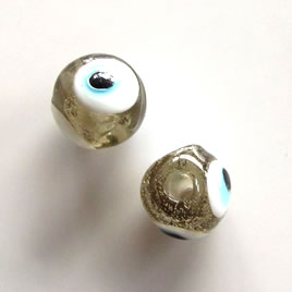 Bead, lampworked glass, grey, 10mm round, evil eye. Pkg of 10.