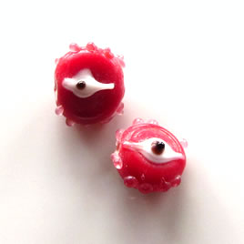 Bead, lampworked glass, red, 10x12x6mm evil eye. Pkg of 8.
