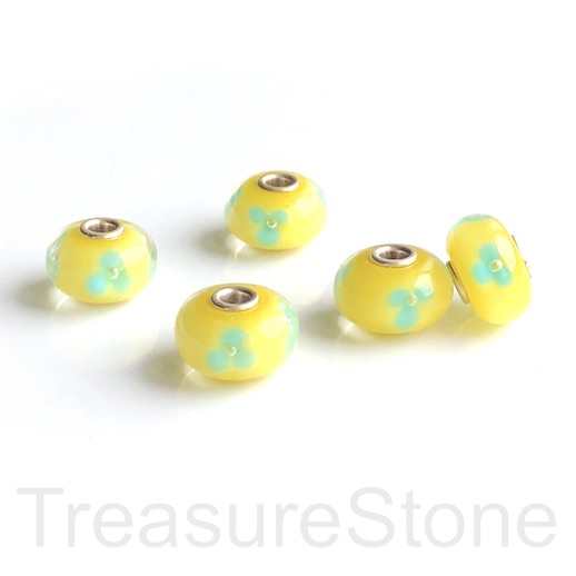 Bead,lampwork,10x16mm rondelle,yellow,silver large hole:3mm.ea