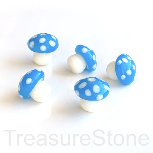 Bead, lampworked glass, light blue, 15mm mushroom. Each
