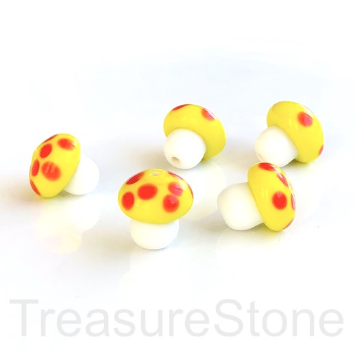 Bead, lampworked glass, yellow, red,15mm mushroom. each