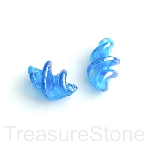 Bead, lampworked glass, blue, 14x23mm twist. pack of 2.