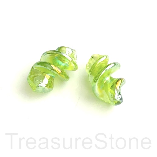 Bead, lampworked glass, green, 14x23mm twist. pack of 2.