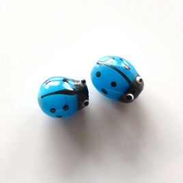 Bead, lampworked glass, blue, 8x10mm ladybug. Pkg of 6pcs.