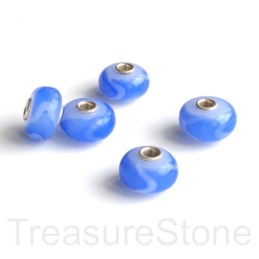 Bead,lampwork,10x16mm rondelle, blue3,silver large hole:3mm.ea