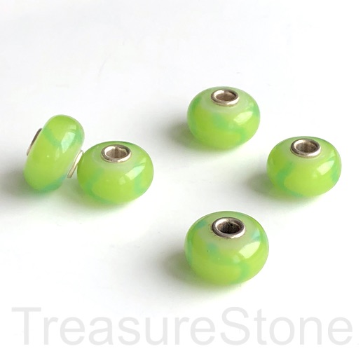 Bead,lampwork,10x16mm rondelle,light green,silver large hole:3mm