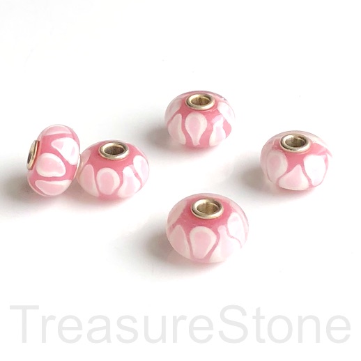 Bead,lampwork,10x16mm rondelle, pink2,silver large hole:3mm.ea