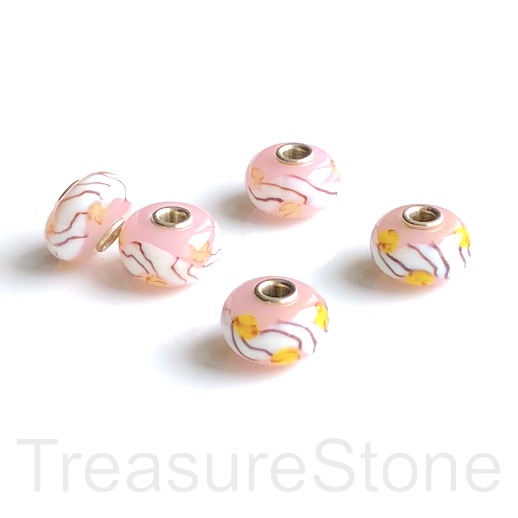 Bead,lampwork,10x16mm rondelle, pink3,silver large hole:3mm.ea