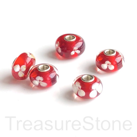 Bead,lampwork,10x16mm rondelle,red2,silver large hole:3mm.ea