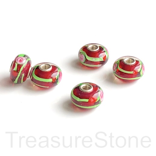 Bead,lampwork,10x16mm rondelle,red3,silver large hole:3mm.ea