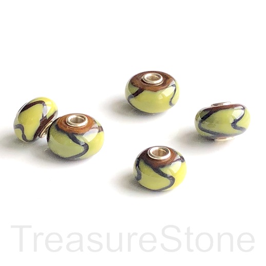 Bead,lampwork,10x16mm rondelle,yellow3,silver large hole:3mm.ea