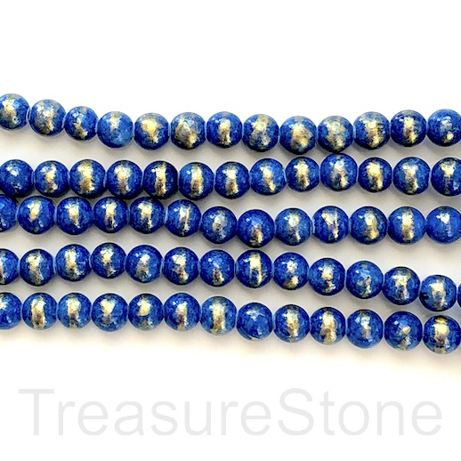 Bead, jade (dyed), blue, gold foil, 8mm round, 16", 48pcs