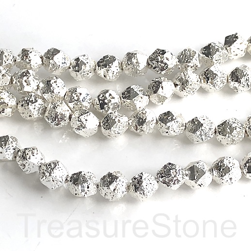 Bead, bright silver plated lava, 8mm faceted nugget. 15", 45pcs
