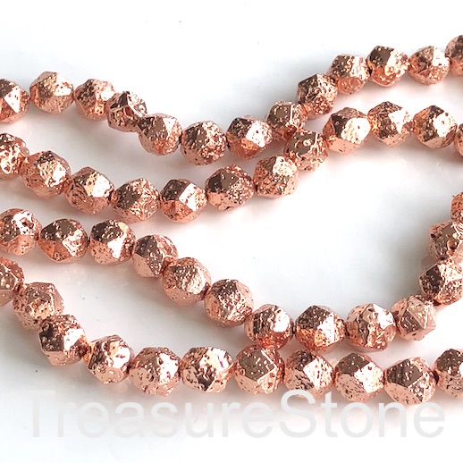 Bead, rose gold plated lava, 8mm faceted nugget. 15", 45pcs