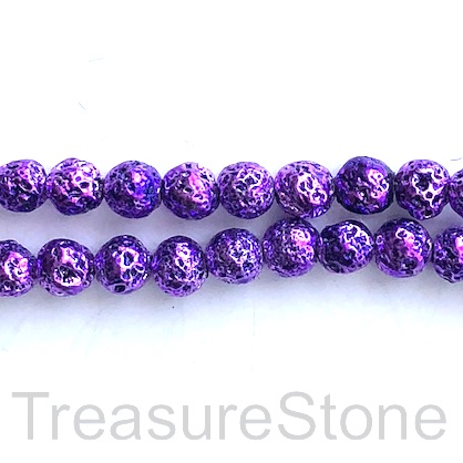 Bead, metallic purple plated lava, 8mm round. 15-inch, 46pcs