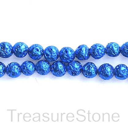 Bead, metallic royal blue plated lava, 8mm round. 15-inch, 46pcs